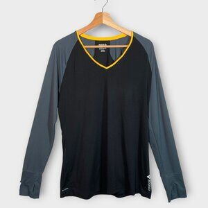 🦜 Reebok Long Sleeve Shirt XL Workout Yoga Running Black Gray V-neck